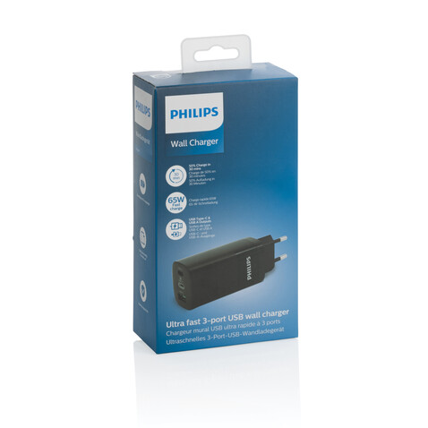 Philips 65W Ultra-Schnell-PD 3-Port-USB-Wandladegerät schwarz bedrucken, Art.-Nr. P301.281