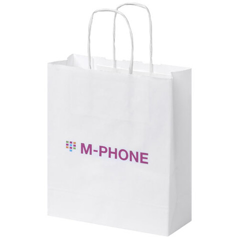 Kraftpapiertasche 80 g/m² mit gedrehten Griffen – 18 × 8 × 21 cm, weiss bedrucken, Art.-Nr. 1PQ00101 Kraftpapiertasche 80 g/m² mit gedrehten Griffen – 18 × 8 × 21 cm, weiss bedrucken, Art.-Nr. 1PQ00101