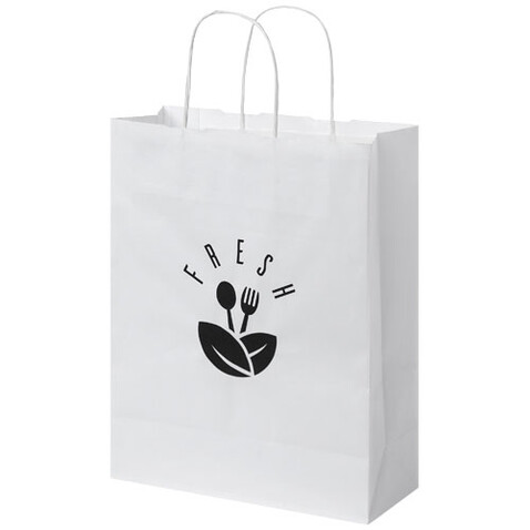 Kraftpapiertasche 80 g/m² mit gedrehten Griffen – 25 × 11 × 32 cm, weiss bedrucken, Art.-Nr. 1PQ00201 Kraftpapiertasche 80 g/m² mit gedrehten Griffen – 25 × 11 × 32 cm, weiss bedrucken, Art.-Nr. 1PQ00201