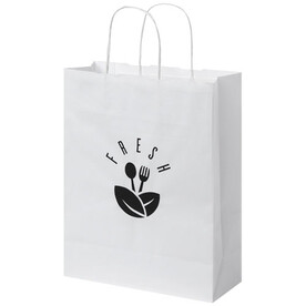 Kraftpapiertasche 80 g/m² mit gedrehten Griffen – 25 × 11 × 32 cm, weiss bedrucken, Art.-Nr. 1PQ00201