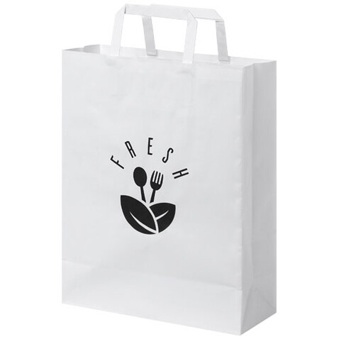 Kraftpapiertasche 80-90 g/m² mit flachen Griffen – 25 × 11 × 31 cm, weiss bedrucken, Art.-Nr. 1PQ00301 Kraftpapiertasche 80-90 g/m² mit flachen Griffen – 25 × 11 × 31 cm, weiss bedrucken, Art.-Nr. 1PQ00301