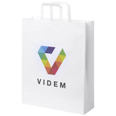 Kraftpapiertasche 80-90 g/m² mit flachen Griffen – 32 × 12 × 40 cm, weiss bedrucken, Art.-Nr. 1PQ00501 Kraftpapiertasche 80-90 g/m² mit flachen Griffen – 32 × 12 × 40 cm, weiss bedrucken, Art.-Nr. 1PQ00501