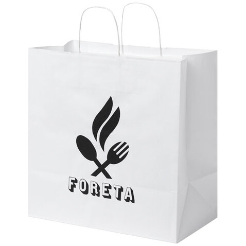Kraftpapiertasche 80-90 g/m² mit gedrehten Griffen – 34 × 20 × 35 cm, weiss bedrucken, Art.-Nr. 1PQ00601 Kraftpapiertasche 80-90 g/m² mit gedrehten Griffen – 34 × 20 × 35 cm, weiss bedrucken, Art.-Nr. 1PQ00601