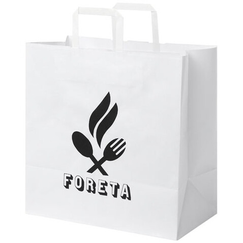 Kraftpapiertasche 80-90 g/m² mit flachen Griffen – 34 × 20 × 35 cm, weiss bedrucken, Art.-Nr. 1PQ00701 Kraftpapiertasche 80-90 g/m² mit flachen Griffen – 34 × 20 × 35 cm, weiss bedrucken, Art.-Nr. 1PQ00701