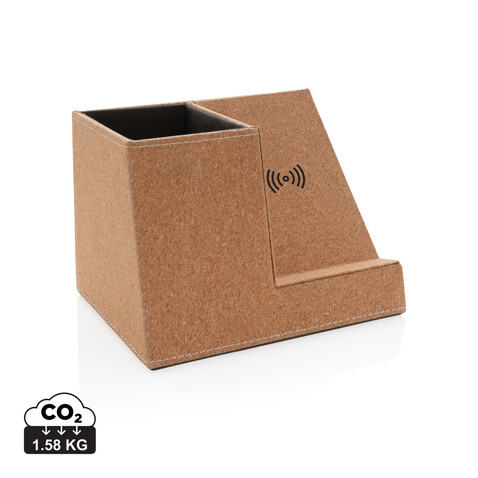 Kork Stiftehalter mit 5W Wireless Charger khaki bedrucken, Art.-Nr. P308.199