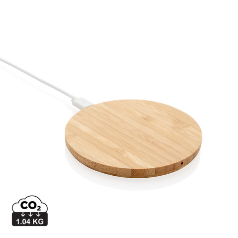 Rundes kabelloses 5W-Ladegerät aus Bambus braun bedrucken, Art.-Nr. P308.229