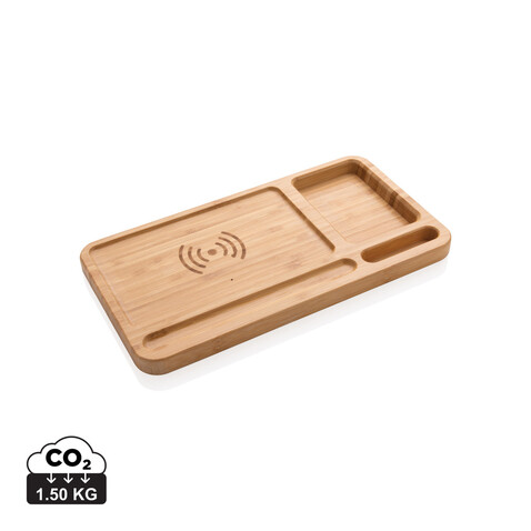 Bambus Schreibtisch-Organizer mit 5W Wireless Charger braun bedrucken, Art.-Nr. P308.629