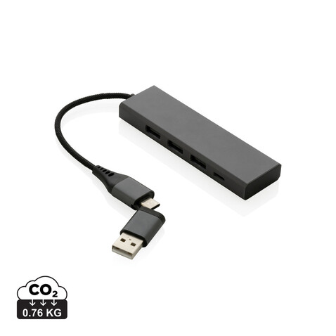 Terra Hub aus RCS recyceltem Aluminium mit 3 USB-Anschlüssen grau bedrucken, Art.-Nr. P308.682