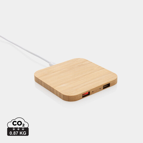 10W Wireless-Charger mit USB aus Bambus braun bedrucken, Art.-Nr. P308.379 10W Wireless-Charger mit USB aus Bambus braun bedrucken, Art.-Nr. P308.379
