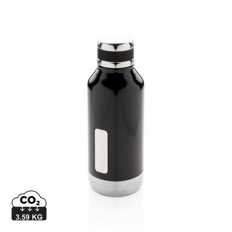Auslaufsichere Vakuumflasche mit Logoplatte schwarz bedrucken, Art.-Nr. P436.671