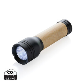 Lucid 1W Taschenlampe aus RCS recycelt. Kunststoff &amp;amp; Bambus schwarz, braun bedrucken, Art.-Nr. P513.771