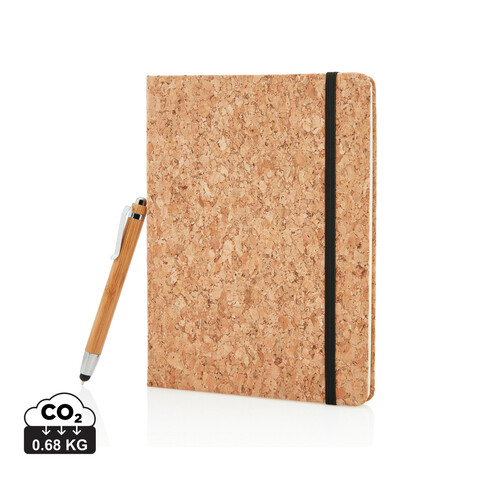 Kork A5 Notizbuch mit Bambus Stift und Stylus braun bedrucken, Art.-Nr. P773.779