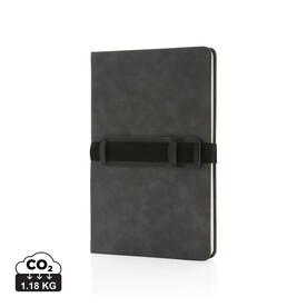 Deluxe Hardcover PU Notizbuch mit Handy- und Stiftehalter grau bedrucken, Art.-Nr. P774.232