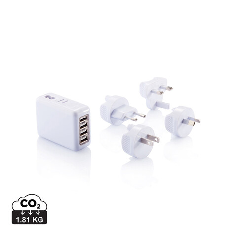 Reiseadapter mit 4fachem USB Anschluss weiß bedrucken, Art.-Nr. P820.373 Reiseadapter mit 4fachem USB Anschluss weiß bedrucken, Art.-Nr. P820.373