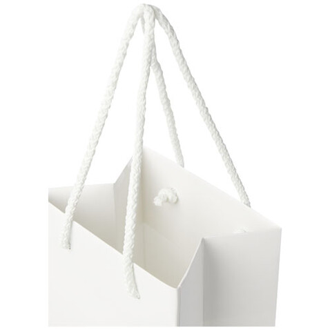 Handgefertigte 170 g/m² Weinflaschentüte aus Integra-Papier mit Kunststoff Kordelgriffen – 12 × 9 × 37 cm, weiss bedrucken, Art.-Nr. 1ZB00701