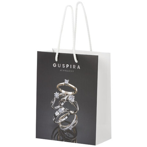 Handgefertigte 170 g/m² Integra-Papiertüte mit Kunststoff Kordelgriffen – 18 × 9 × 23 cm, weiss bedrucken, Art.-Nr. 1ZB00901 Handgefertigte 170 g/m² Integra-Papiertüte mit Kunststoff Kordelgriffen – 18 × 9 × 23 cm, weiss bedrucken, Art.-Nr. 1ZB00901