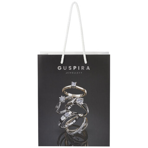 Handgefertigte 170 g/m² Integra-Papiertüte mit Kunststoff Kordelgriffen – 18 × 9 × 23 cm, weiss bedrucken, Art.-Nr. 1ZB00901 Handgefertigte 170 g/m² Integra-Papiertüte mit Kunststoff Kordelgriffen – 18 × 9 × 23 cm, weiss bedrucken, Art.-Nr. 1ZB00901