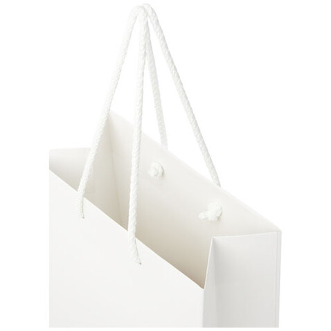Handgefertigte 170 g/m² Integra-Papiertüte mit Kunststoff Kordelgriffen – 18 × 9 × 23 cm, weiss bedrucken, Art.-Nr. 1ZB00901 Handgefertigte 170 g/m² Integra-Papiertüte mit Kunststoff Kordelgriffen – 18 × 9 × 23 cm, weiss bedrucken, Art.-Nr. 1ZB00901
