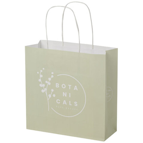 Kraftpapiertasche 120 /m² mit gedrehten Griffen – 24 × 9 × 24 cm, weiss bedrucken, Art.-Nr. 1ZM00601 Kraftpapiertasche 120 /m² mit gedrehten Griffen – 24 × 9 × 24 cm, weiss bedrucken, Art.-Nr. 1ZM00601