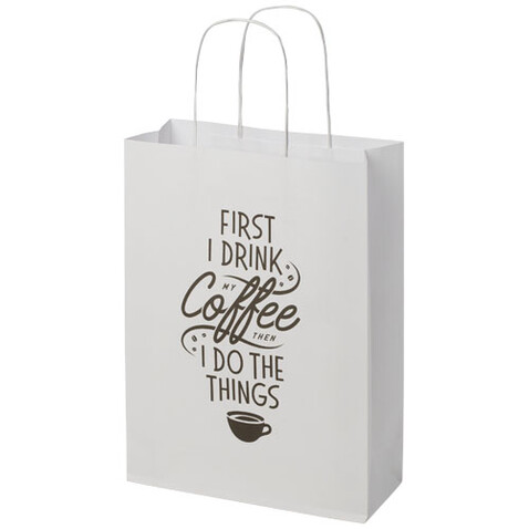 Kraftpapiertasche 120 g/m² mit gedrehten Griffen – 24 × 9 × 32 cm, weiss bedrucken, Art.-Nr. 1ZM00701 Kraftpapiertasche 120 g/m² mit gedrehten Griffen – 24 × 9 × 32 cm, weiss bedrucken, Art.-Nr. 1ZM00701