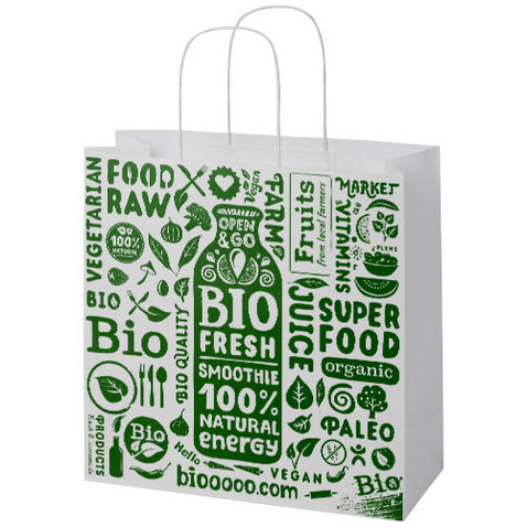 Kraftpapiertasche 120 g/m² mit gedrehten Griffen – 31 × 12 × 31 cm, weiss bedrucken, Art.-Nr. 1ZM00901 Kraftpapiertasche 120 g/m² mit gedrehten Griffen – 31 × 12 × 31 cm, weiss bedrucken, Art.-Nr. 1ZM00901