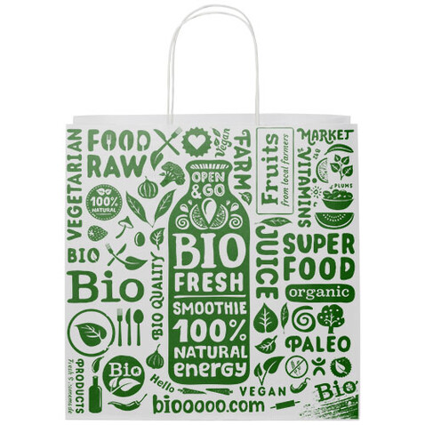 Kraftpapiertasche 120 g/m² mit gedrehten Griffen – 31 × 12 × 31 cm, weiss bedrucken, Art.-Nr. 1ZM00901 Kraftpapiertasche 120 g/m² mit gedrehten Griffen – 31 × 12 × 31 cm, weiss bedrucken, Art.-Nr. 1ZM00901