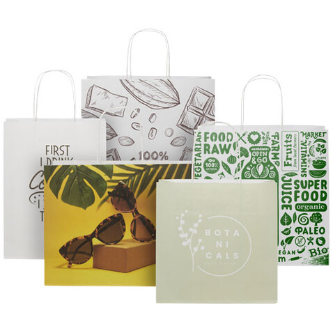 Kraftpapiertasche 120 g/m² mit gedrehten Griffen – 31 × 12 × 41 cm, weiss bedrucken, Art.-Nr. 1ZM01001