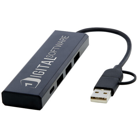 Rise USB 2.0 Hub aus recyceltem RCS Aluminium, schwarz bedrucken, Art.-Nr. 12434490