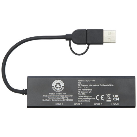Rise USB 2.0 Hub aus recyceltem RCS Aluminium, schwarz bedrucken, Art.-Nr. 12434490