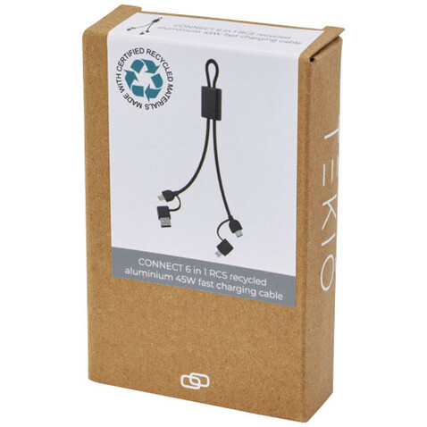 Connect 6-in-1 45W Schnelllade- & Datentransferkabel aus recyceltem RCS Aluminium, schwarz bedrucken, Art.-Nr. 12434590 Connect 6-in-1 45W Schnelllade- & Datentransferkabel aus recyceltem RCS Aluminium, schwarz bedrucken, Art.-Nr. 12434590