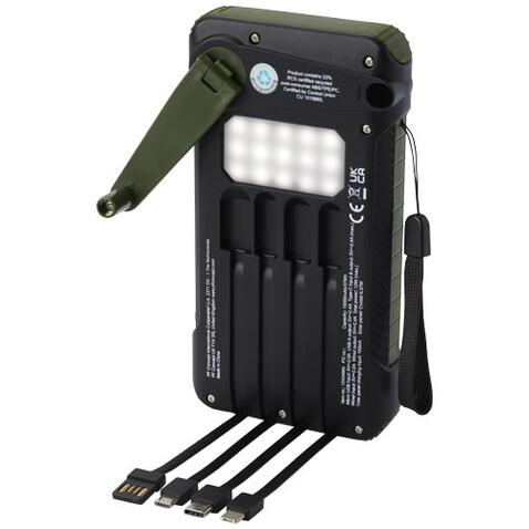 Soldy 10.000 mAh Solardynamo-Powerbank aus recyceltem GRS Kunststoff, armeegrün bedrucken, Art.-Nr. 12434664 Soldy 10.000 mAh Solardynamo-Powerbank aus recyceltem GRS Kunststoff, armeegrün bedrucken, Art.-Nr. 12434664