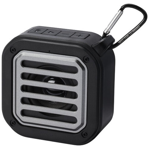 Solo 3W IPX5 Solar Bluetooth®-Lautsprecher aus recyceltem RCS Kunststoff mit Karabinerhaken, schwarz bedrucken, Art.-Nr. 12434790 Solo 3W IPX5 Solar Bluetooth®-Lautsprecher aus recyceltem RCS Kunststoff mit Karabinerhaken, schwarz bedrucken, Art.-Nr. 12434790
