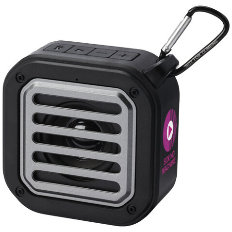 Solo 3W IPX5 Solar Bluetooth®-Lautsprecher aus recyceltem RCS Kunststoff mit Karabinerhaken, schwarz bedrucken, Art.-Nr. 12434790 Solo 3W IPX5 Solar Bluetooth®-Lautsprecher aus recyceltem RCS Kunststoff mit Karabinerhaken, schwarz bedrucken, Art.-Nr. 12434790