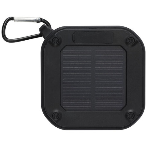 Solo 3W IPX5 Solar Bluetooth®-Lautsprecher aus recyceltem RCS Kunststoff mit Karabinerhaken, schwarz bedrucken, Art.-Nr. 12434790 Solo 3W IPX5 Solar Bluetooth®-Lautsprecher aus recyceltem RCS Kunststoff mit Karabinerhaken, schwarz bedrucken, Art.-Nr. 12434790