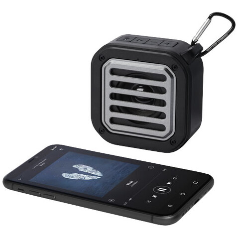 Solo 3W IPX5 Solar Bluetooth®-Lautsprecher aus recyceltem RCS Kunststoff mit Karabinerhaken, schwarz bedrucken, Art.-Nr. 12434790 Solo 3W IPX5 Solar Bluetooth®-Lautsprecher aus recyceltem RCS Kunststoff mit Karabinerhaken, schwarz bedrucken, Art.-Nr. 12434790