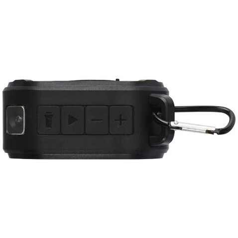 Solo 3W IPX5 Solar Bluetooth®-Lautsprecher aus recyceltem RCS Kunststoff mit Karabinerhaken, schwarz bedrucken, Art.-Nr. 12434790 Solo 3W IPX5 Solar Bluetooth®-Lautsprecher aus recyceltem RCS Kunststoff mit Karabinerhaken, schwarz bedrucken, Art.-Nr. 12434790