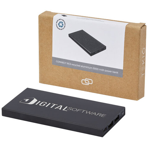 Connect 5000 mAh Powerbank aus recyceltem Aluminium, schwarz bedrucken, Art.-Nr. 12434990 Connect 5000 mAh Powerbank aus recyceltem Aluminium, schwarz bedrucken, Art.-Nr. 12434990