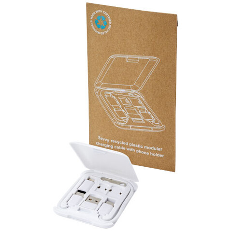 Savvy recyceltes modulares Ladekabel mit Telefonhalterung, weiss bedrucken, Art.-Nr. 12436101 Savvy recyceltes modulares Ladekabel mit Telefonhalterung, weiss bedrucken, Art.-Nr. 12436101