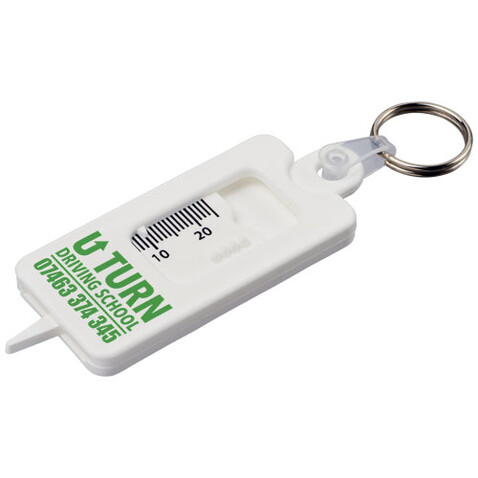 Kym Reifenprofilmesser Schlüsselanhänger aus recyceltem Material, weiss bedrucken, Art.-Nr. 21019001