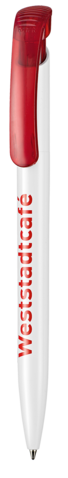 Kugelschreiber CLEAR ST–kirsch-rot TR/FR bedrucken, Art.-Nr. 42023_3634 Kugelschreiber CLEAR ST–kirsch-rot TR/FR bedrucken, Art.-Nr. 42023_3634