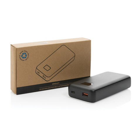 Gridley 20.000mAh 65W Laptop Powerbank aus RCS rPlastik schwarz bedrucken, Art.-Nr. P322.801