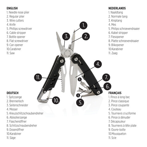 Solid Multitool mit Karabiner schwarz bedrucken, Art.-Nr. P221.331 Solid Multitool mit Karabiner schwarz bedrucken, Art.-Nr. P221.331