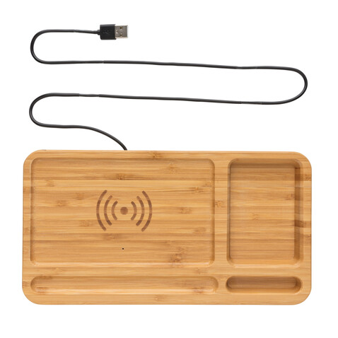 Bambus Schreibtisch-Organizer mit 5W Wireless Charger braun bedrucken, Art.-Nr. P308.629