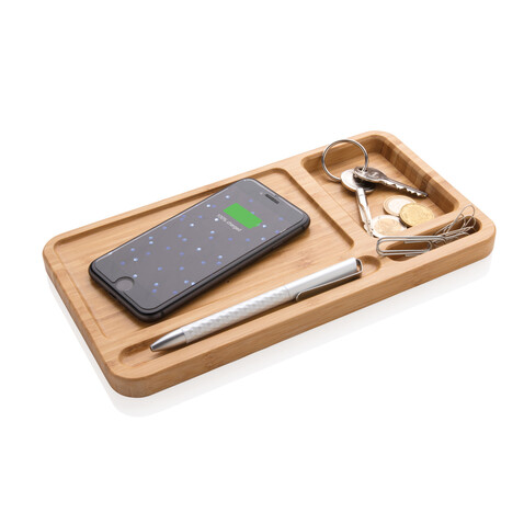 Bambus Schreibtisch-Organizer mit 5W Wireless Charger braun bedrucken, Art.-Nr. P308.629