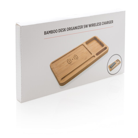 Bambus Schreibtisch-Organizer mit 5W Wireless Charger braun bedrucken, Art.-Nr. P308.629