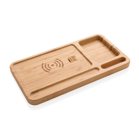 Bambus Schreibtisch-Organizer mit 5W Wireless Charger braun bedrucken, Art.-Nr. P308.629