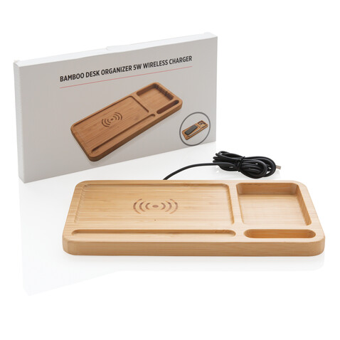 Bambus Schreibtisch-Organizer mit 5W Wireless Charger braun bedrucken, Art.-Nr. P308.629