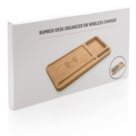 Bambus Schreibtisch-Organizer mit 5W Wireless Charger braun bedrucken, Art.-Nr. P308.629
