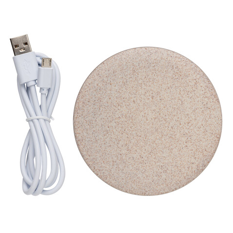 5W Weizenstroh Wireless Charger khaki bedrucken, Art.-Nr. P308.729