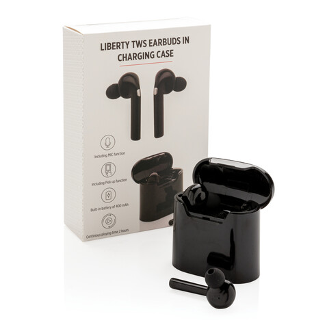 Liberty kabellose Kopfhörer in Ladebox schwarz bedrucken, Art.-Nr. P329.011